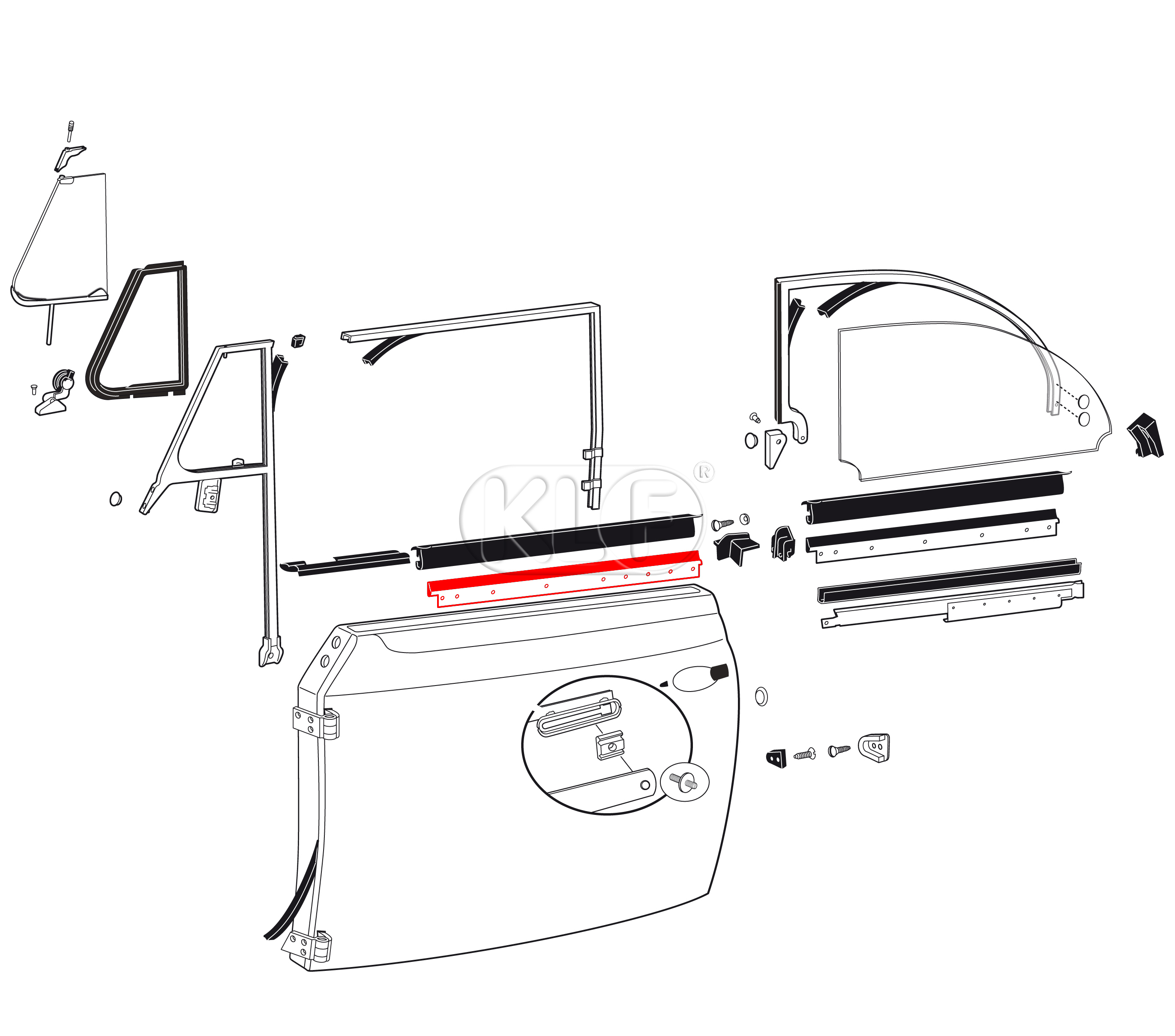 Door Window Scraper, outer left, convertible year 8/64 on