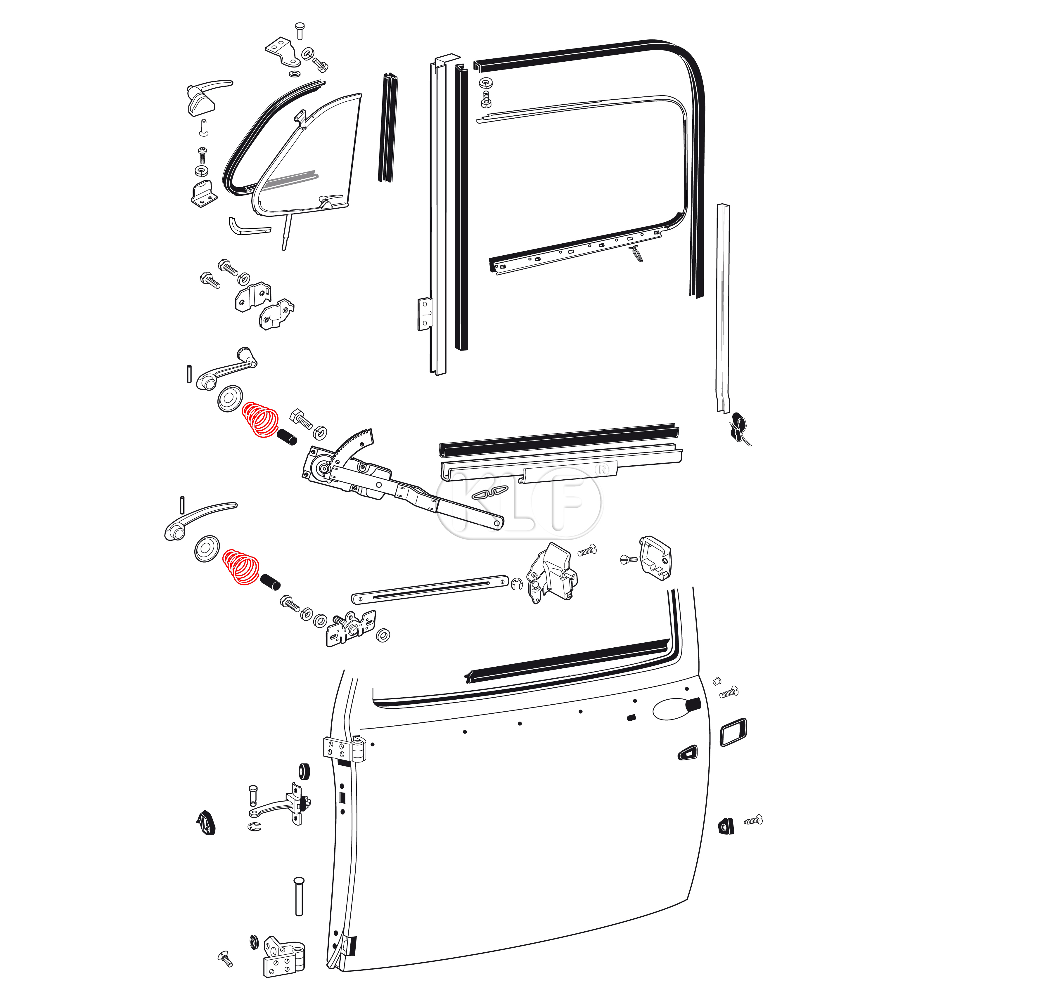 Spring, inside door handle and winder, mounts underneath door panel