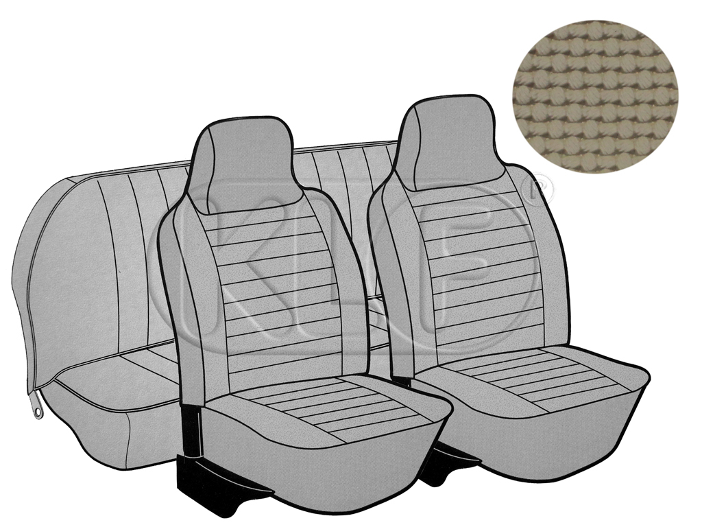 Seat Covers, front+rear, Basket, year 8/73-7/75 sedan, beige with integrated headrest