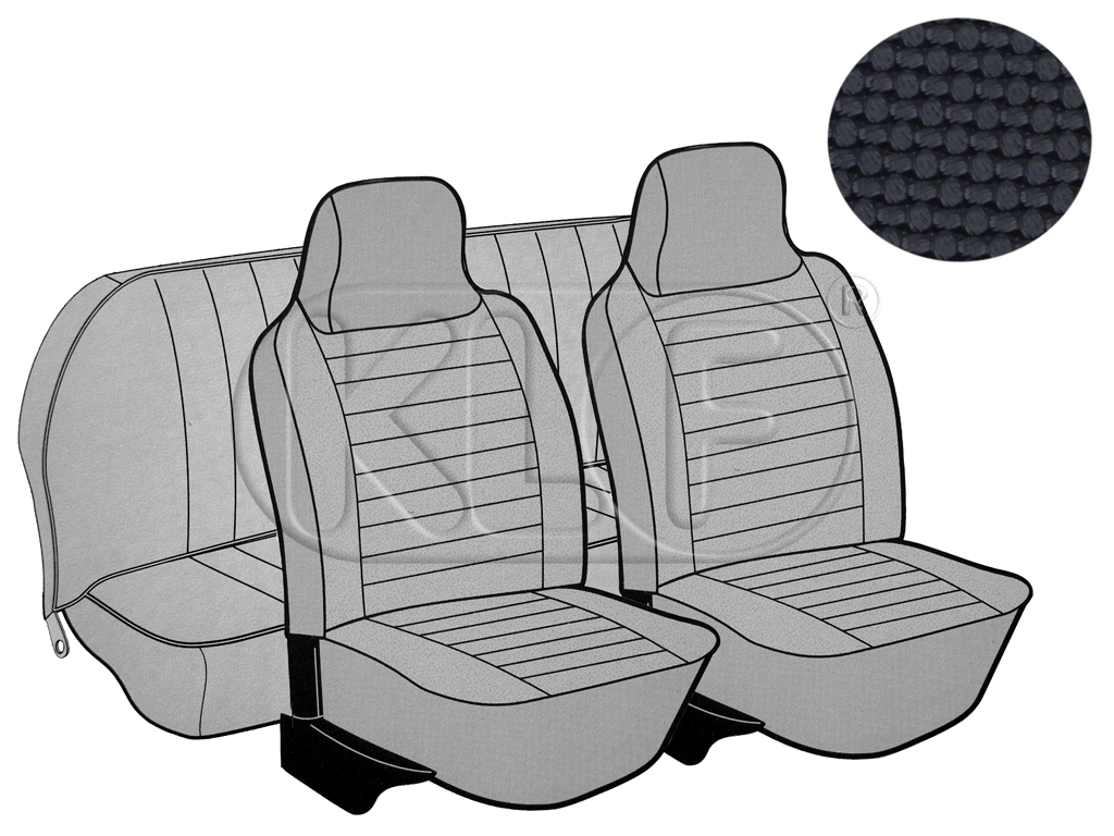 Seat Covers, front+rear, Basket, year 8/73-7/75 sedan, black with integrated headrest