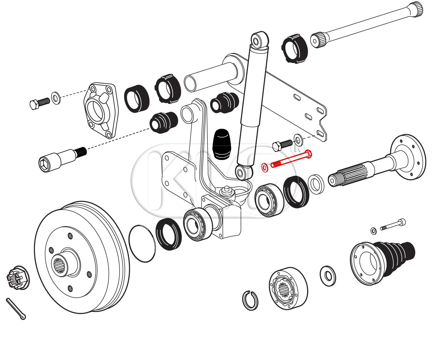 Shock Absorber Bolt rear, lower only IRS axle, incl. nut and washers