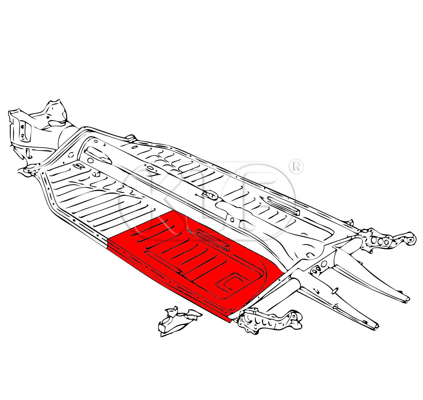 Floorpan Quarter, rear, left, with seat runners, alternative quality, year 8/72 on