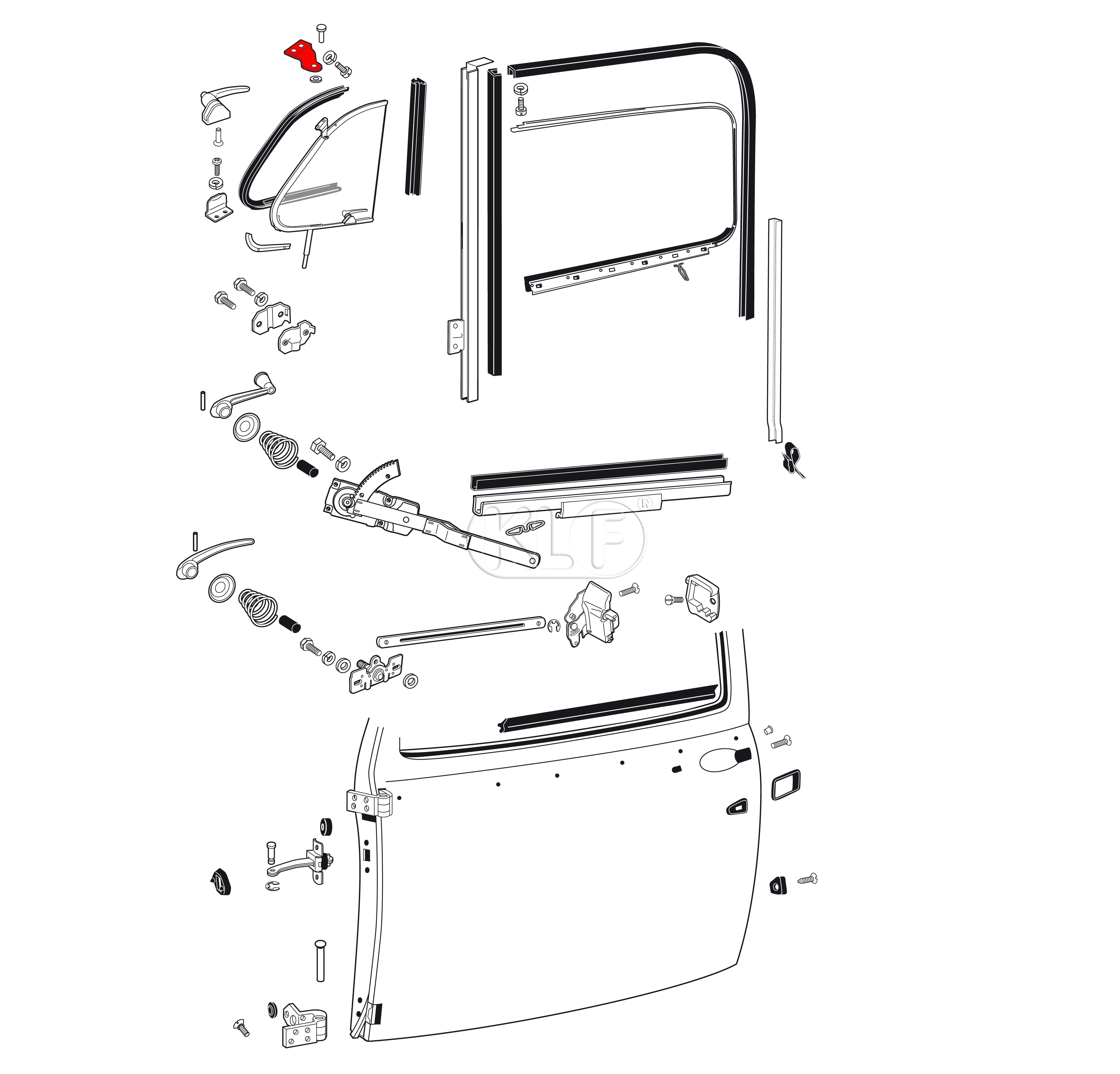 Vent Window Mount Bracket, top left, year thru 7/64