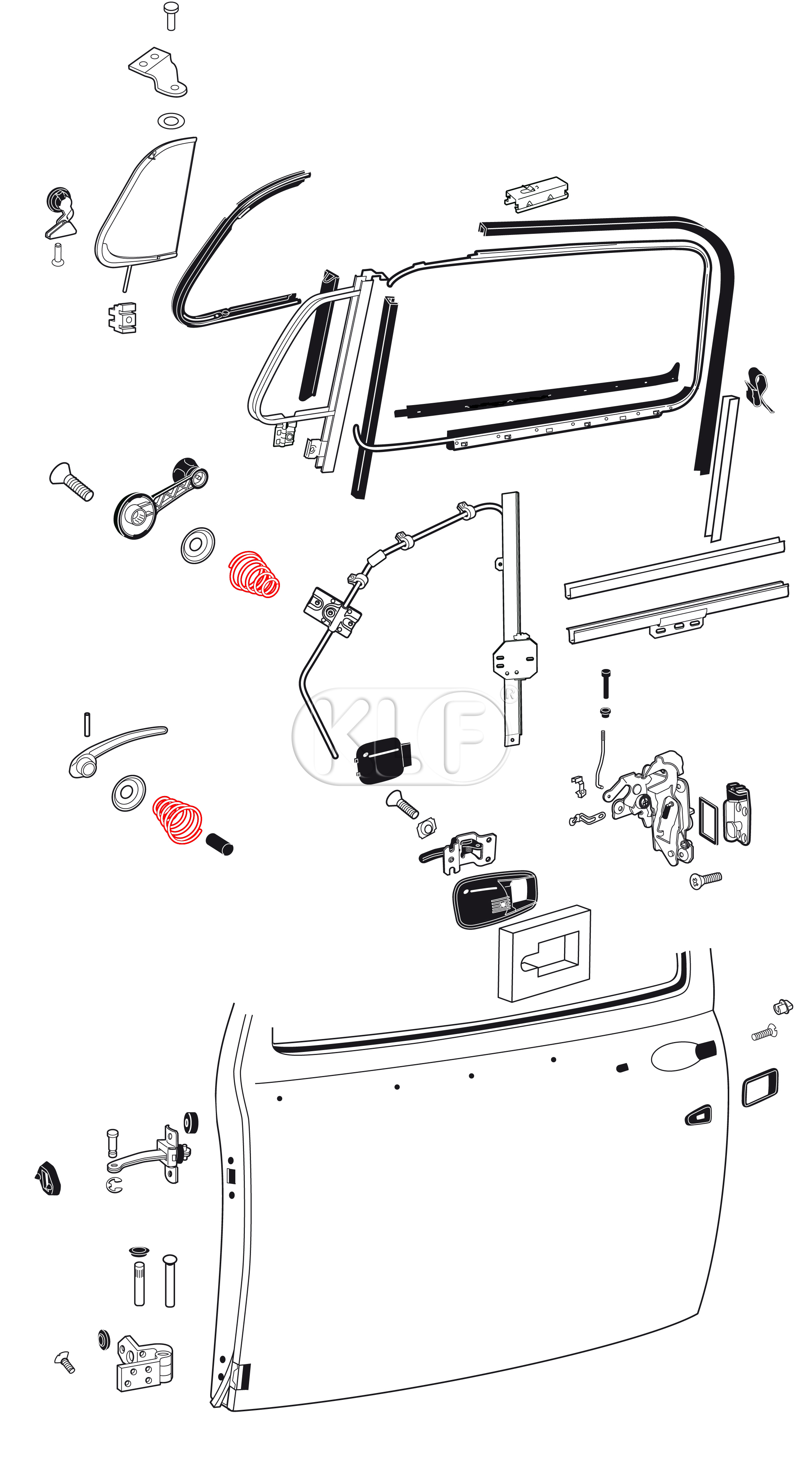 Spring, inside door handle and winder, mounts underneath door panel