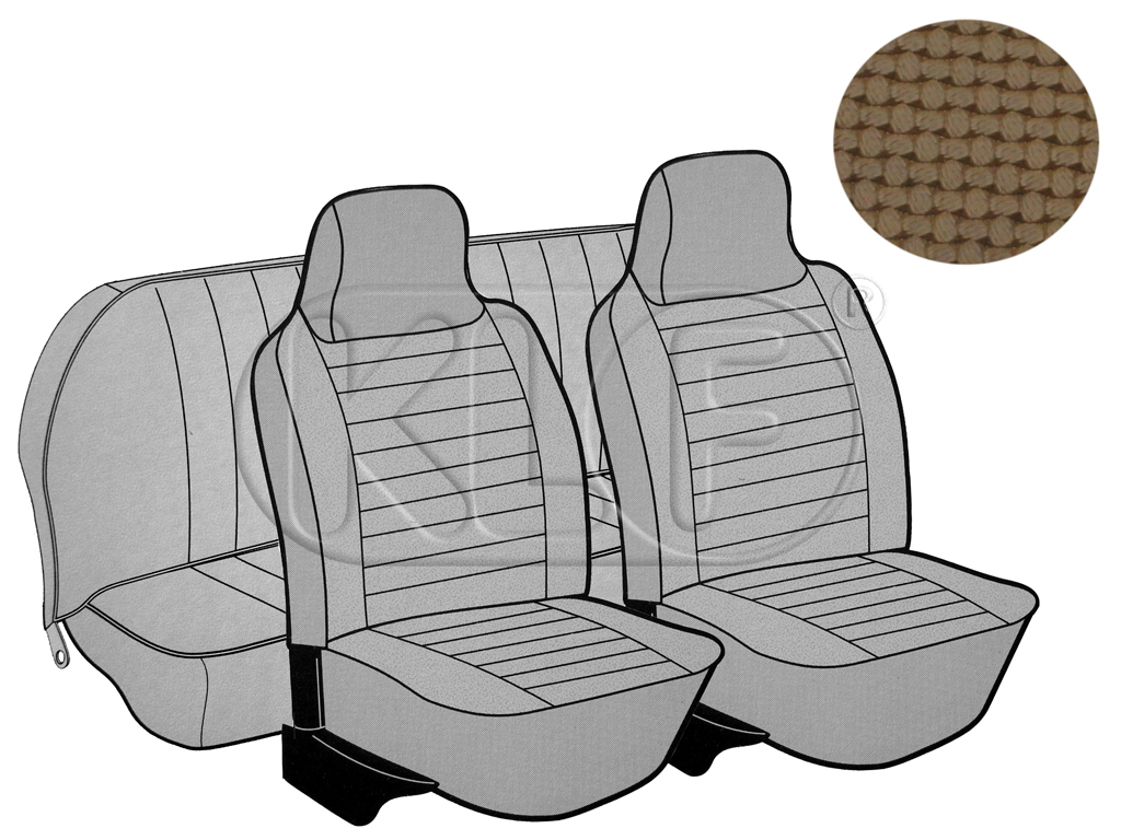 Seat Covers, front+rear, basket weave, year 8/73-7/75 convertible, tan with integr. headrest