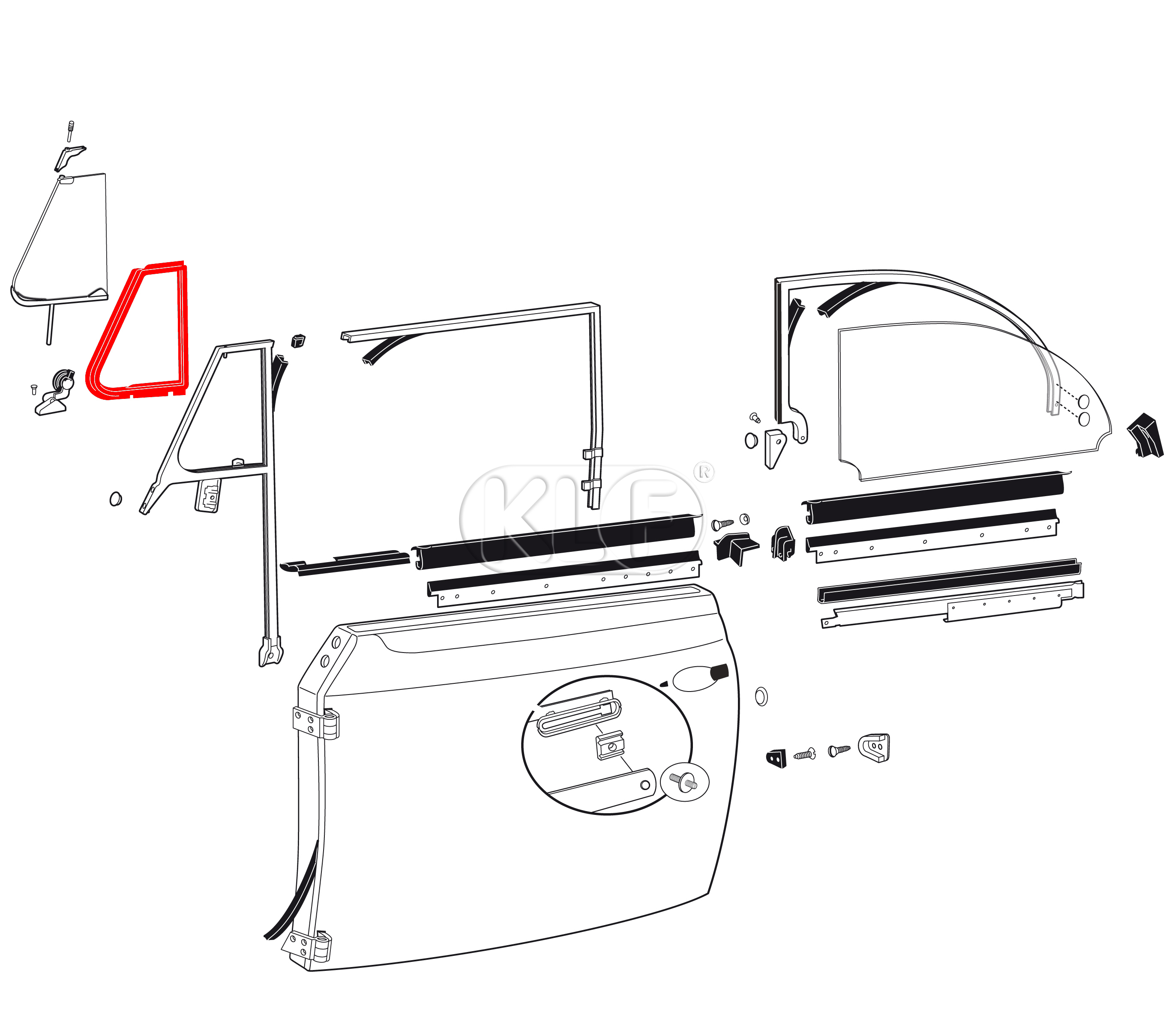 Vent Wing Seal, convertible left, year 8/64-7/72