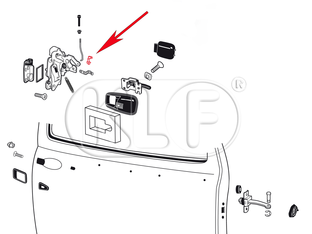 Clip, remote rod to lock mechanism, right, year 08/66 on