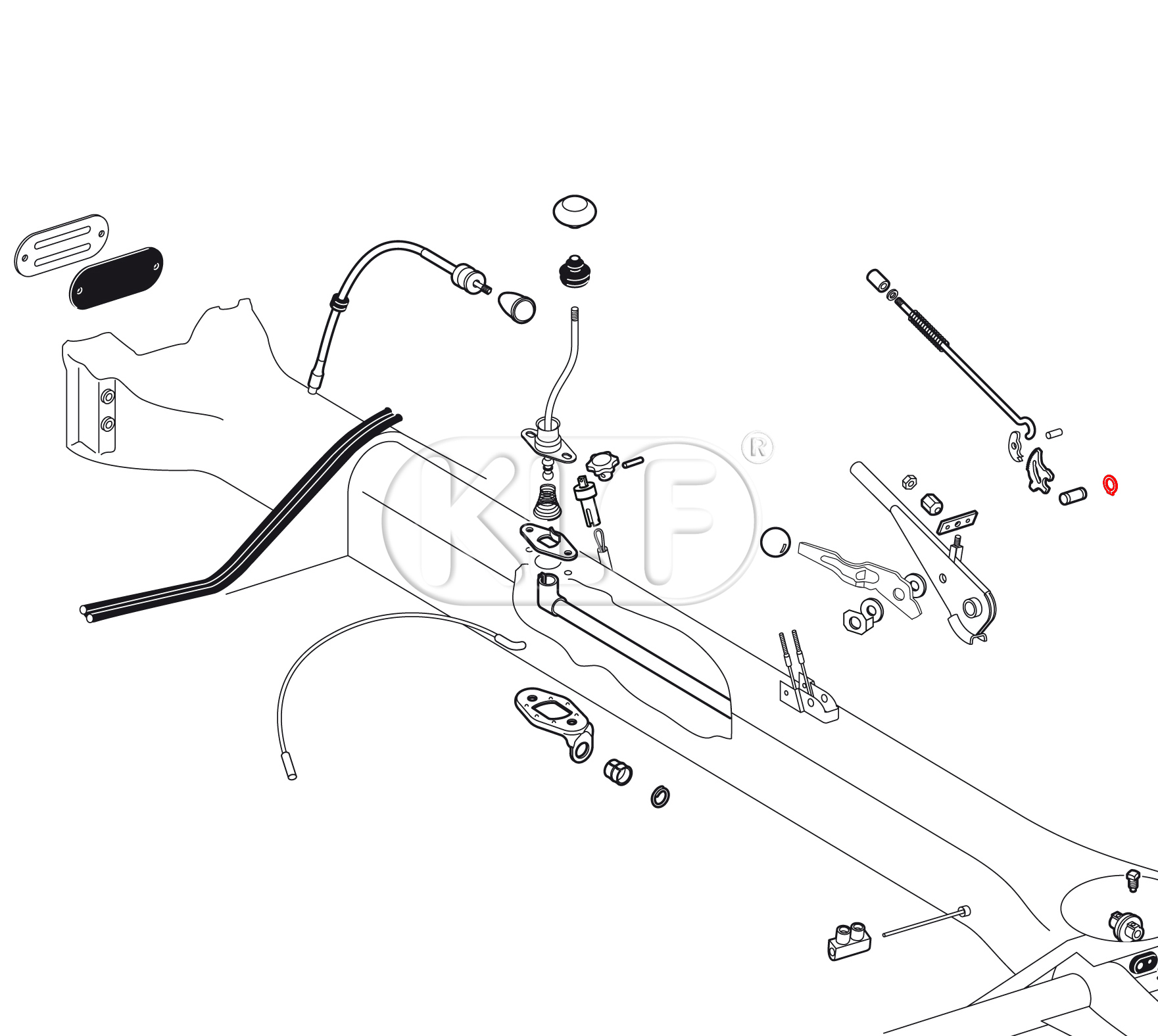 Emergency Brake Handle Pin Circlip, secures pin to tunnel