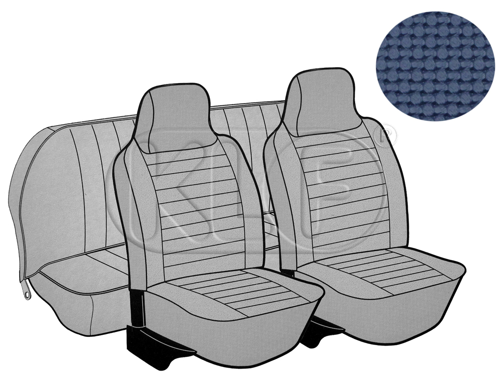 Seat Covers, front+rear, Basket, year 8/73-7/75 sedan, blue with integrated headrest