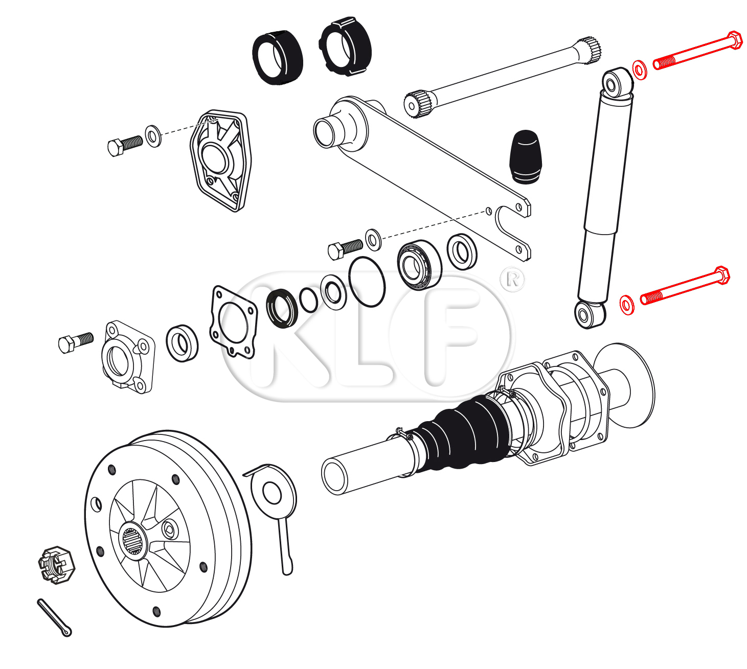 Shock Absorber Bolt rear, upper all models, lower only for swing axle, incl. nut and washers