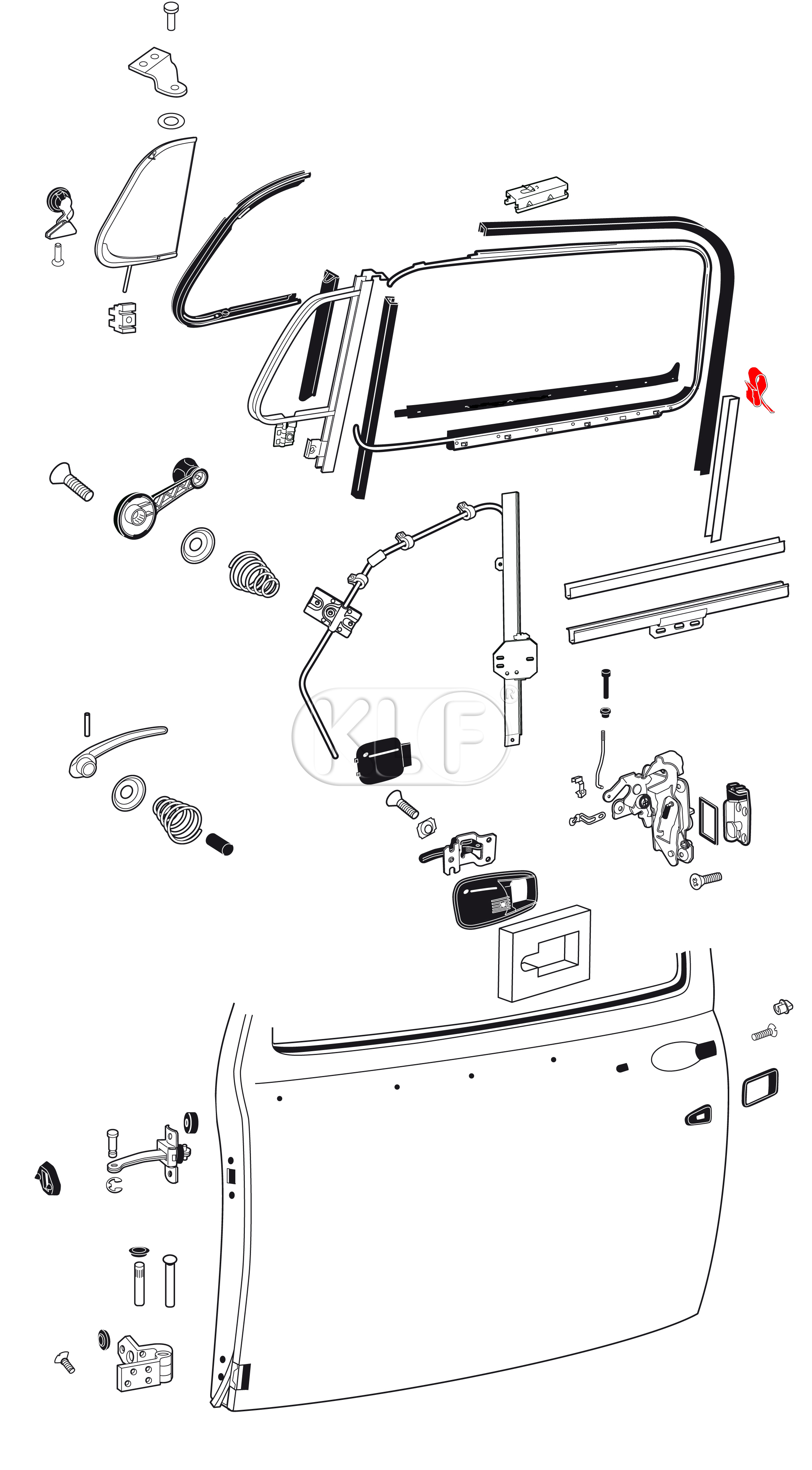 Clip, secures rear channel to door, year 8/64 on