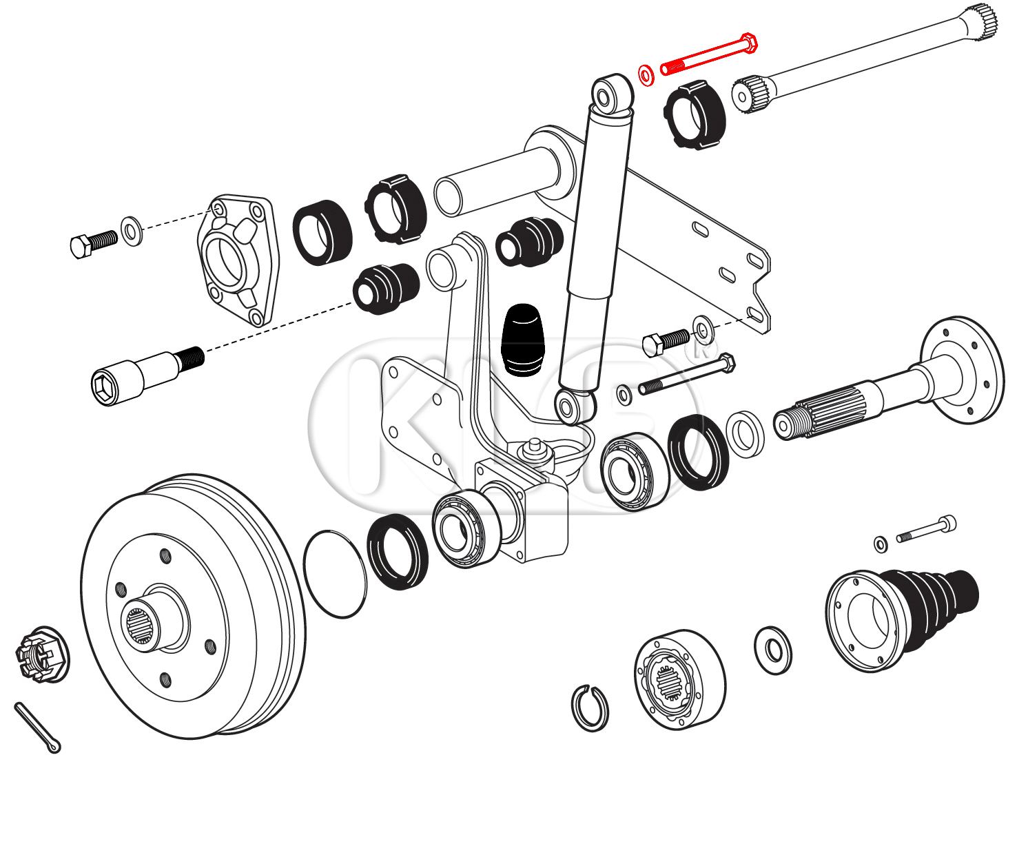 Shock Absorber Bolt rear, upper all models, lower only for swing axle, incl. nut and washers