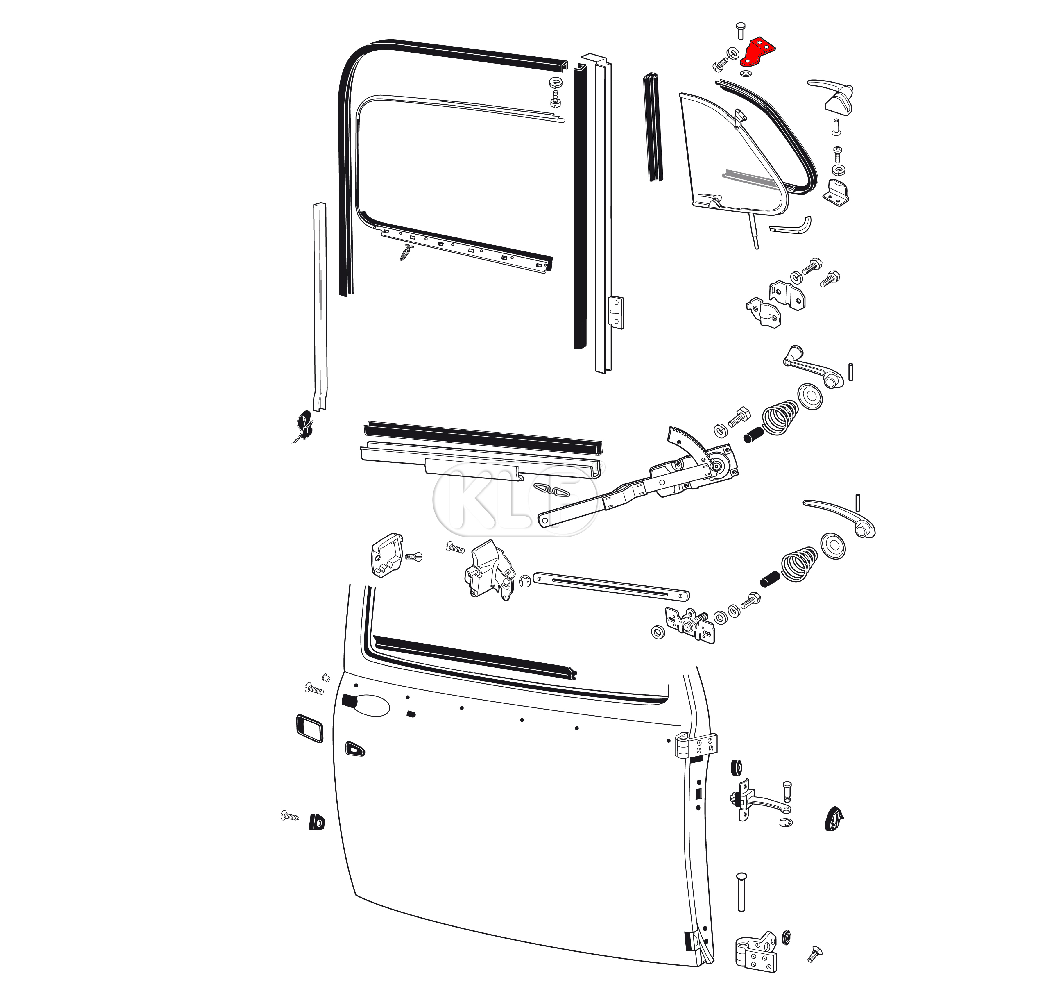 Vent Window Mount Bracket, top right, year thru 7/64